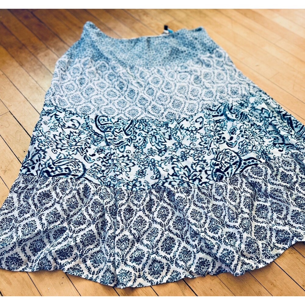 Chaps White Blue Floral Tiered Midi Skirt Festival Lined Plus Size 2X Cotton